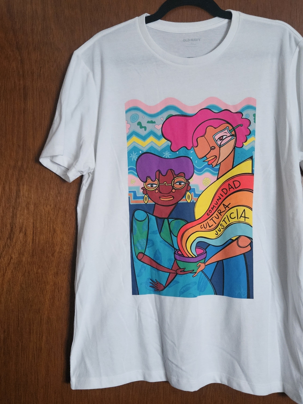 Old Navy White Graphic Tee with Pink, Purple, Blue & Yellow Artwork